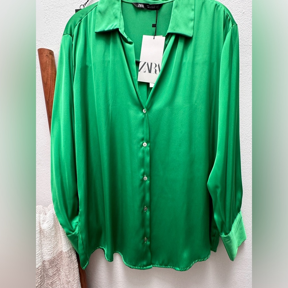 Zara Green drop shoulder satin shirt